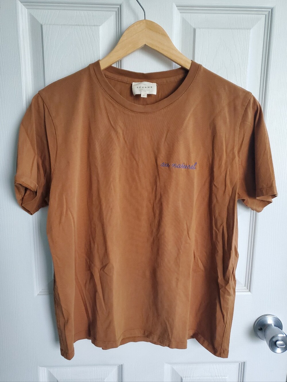 Sézane Women's 100% Organic Cotton Embroidered Au Natural Brown T-Shirt Size L
